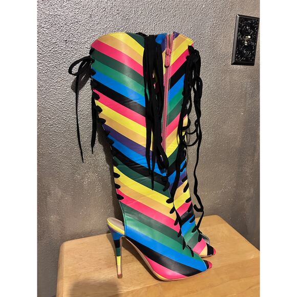 FSJ Rainbow Multicolor Stripes Peep Toe Knee High Lace Up Stiletto Heel Boots - Picture 1 of 12